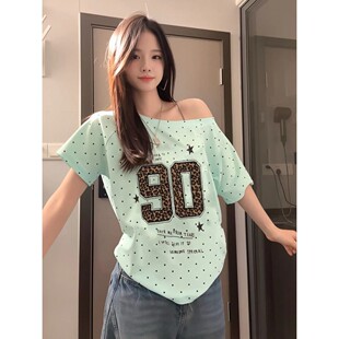 ZHAP一字领波点宽松短袖t恤女薄荷绿外穿遮肉港风百搭小众上衣潮