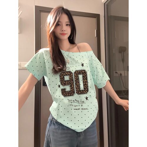 ZHAP一字领波点短袖T恤女遮肉