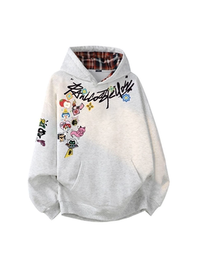 ZHAP重磅拼接格子连帽卫衣女秋冬款白灰色学院慵懒风加绒加厚上衣