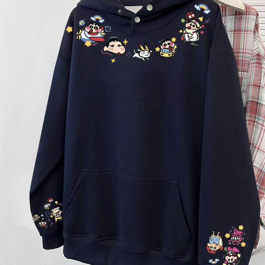 ZHAP450G重磅纯棉纽扣连帽卫衣女2024冬季蜡笔小新显瘦百搭上衣潮