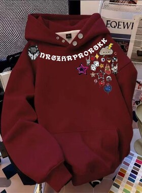 ZHAP重磅纽扣连帽卫衣女秋冬款通勤慵懒风趣味卡通加绒加厚上衣潮