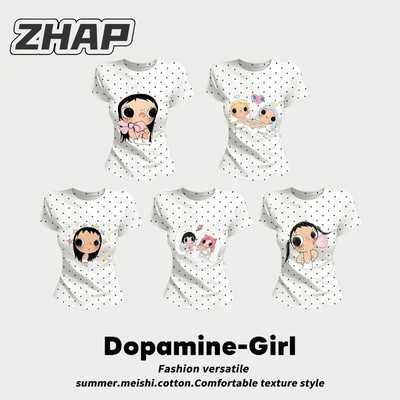 ZHAP夏季美式复古波点短袖T恤女