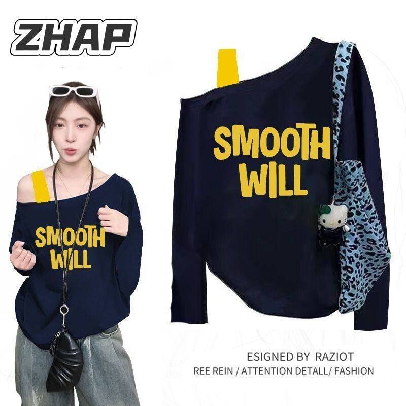 ZHAP斜领肩带长袖T恤女爆款穿
