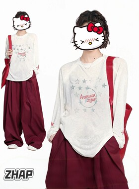 ZHAP新款圆领长袖t恤五角星女外穿爆款显瘦宽松休闲百搭上衣潮