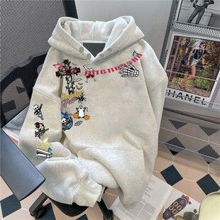 ZHAP重磅纽扣连帽卫衣女秋冬款白灰色原宿风宽松加绒加厚显瘦上衣
