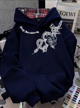 ZHAP重磅格子连帽卫衣女秋冬款藏青色宽松加绒加厚韩版百搭上衣潮