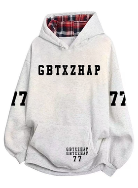 ZAHP重磅拼接格子连帽卫衣女秋冬款白灰色设计感宽松加绒加厚上衣