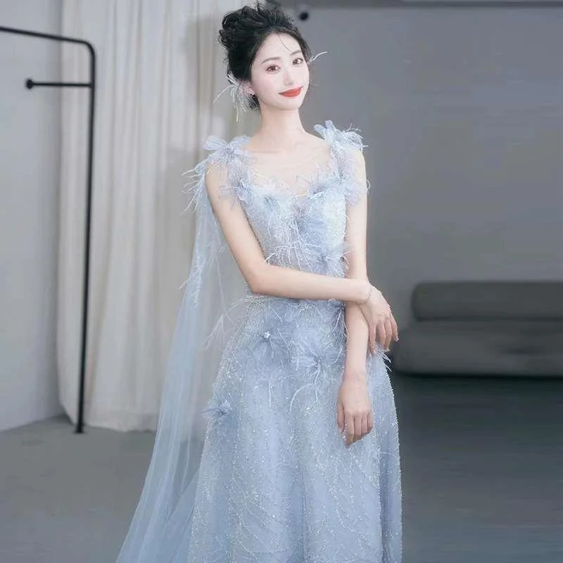 蓝色超仙晚礼服生日宴会成人礼订婚裙公主新娘敬酒服主持人高新品