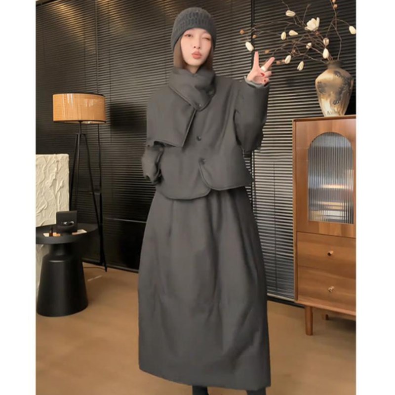 大码胖mm休闲时尚棉服外套半v身裙套装女2025冬季新款两件套高级
