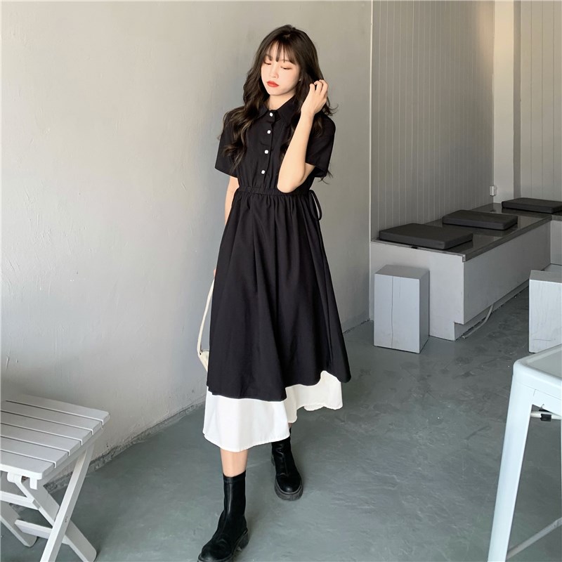 2025新款连衣裙女夏q装初中高中学生韩版宽松黑色显瘦拼接气质长