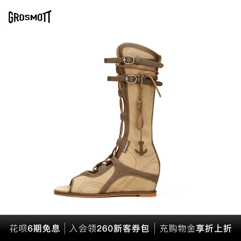 吴宣仪同款27QUAI GROSMOTT晒痕结绳坡跟高帮凉靴鱼嘴罗马凉鞋女