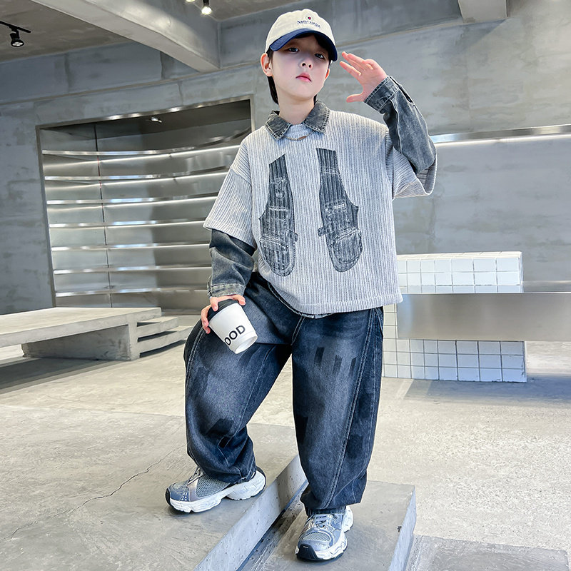 男童牛仔套装秋装2026新款春秋款中大童男孩酷帅气时髦休闲三件套