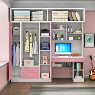 简约实木衣柜书桌一体儿童房现代书柜组合小户型家用卧室衣橱柜子