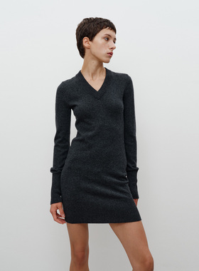 FILGood 100山羊绒花灰毛衫连衣裙 V领中长裙FG04K05