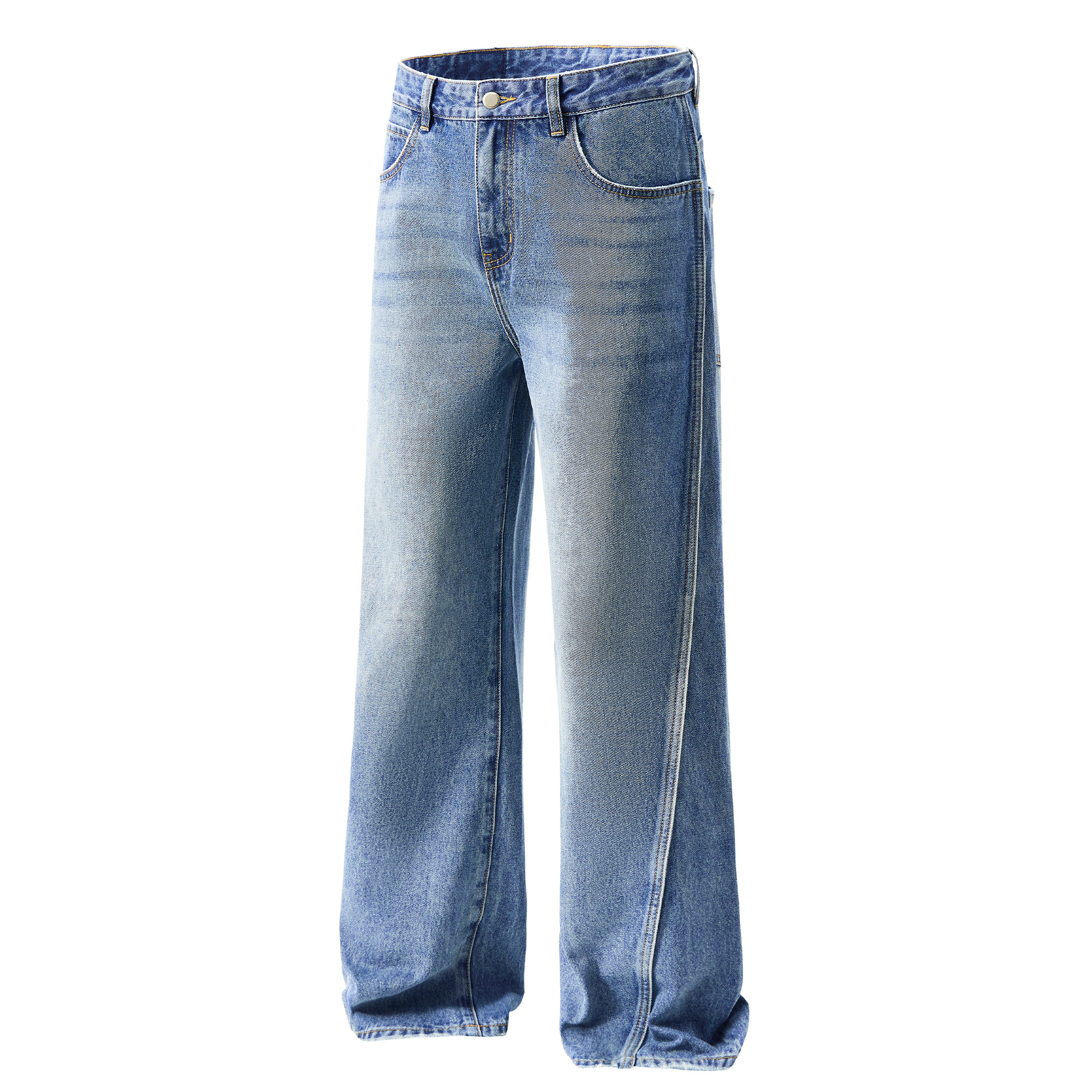 深蓝色牛仔裤男女春秋季新款韩版潮流拼接宽松直筒阔腿拖地长裤子