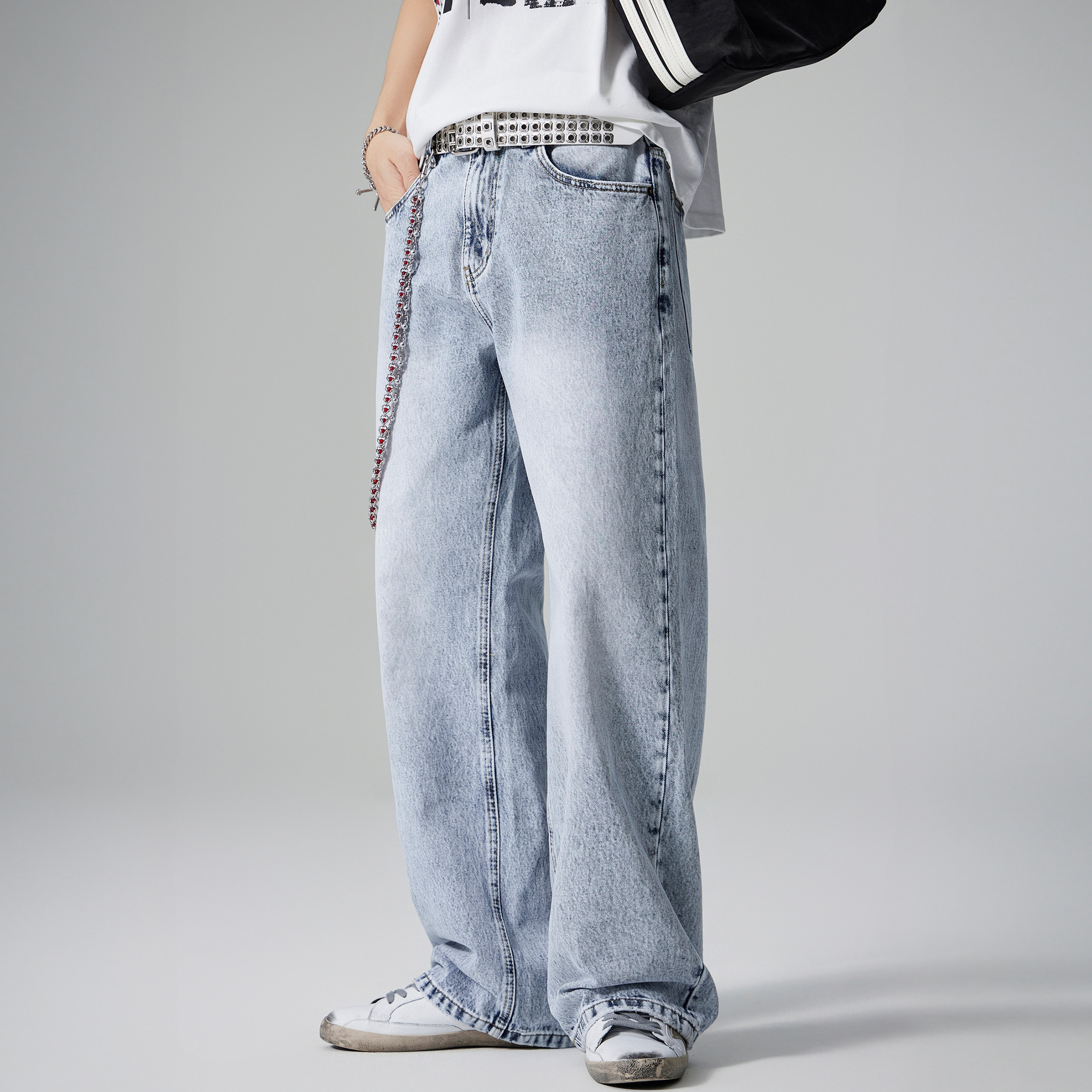2025款美式复古水洗直筒浅蓝色牛仔裤男女款百搭宽松休闲长裤ins