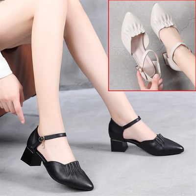 凉鞋女粗跟牛皮小码32p 33真皮女鞋子包头中跟夏季大码42 43扣带