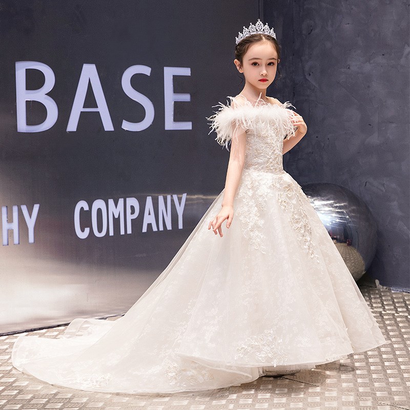 儿童拖尾高端礼服j女童公主裙走秀花童婚纱洋气小主持人钢琴演出