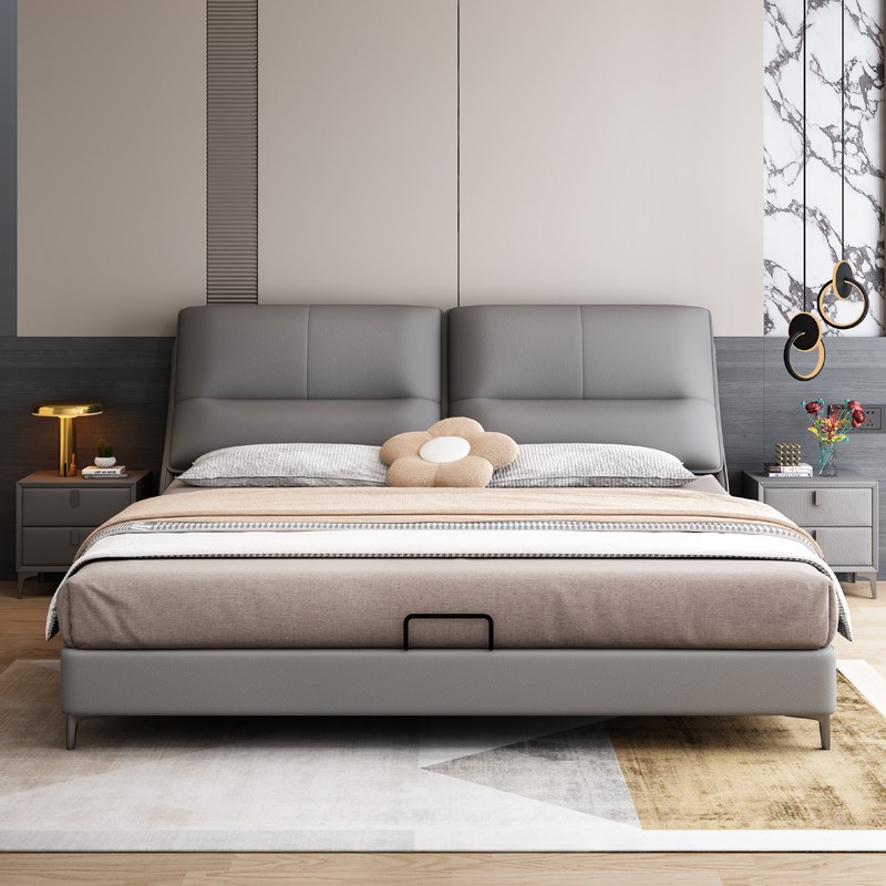 意式真皮床轻奢主卧大床1米8双人储物床现代简约1米5实木皮床婚床