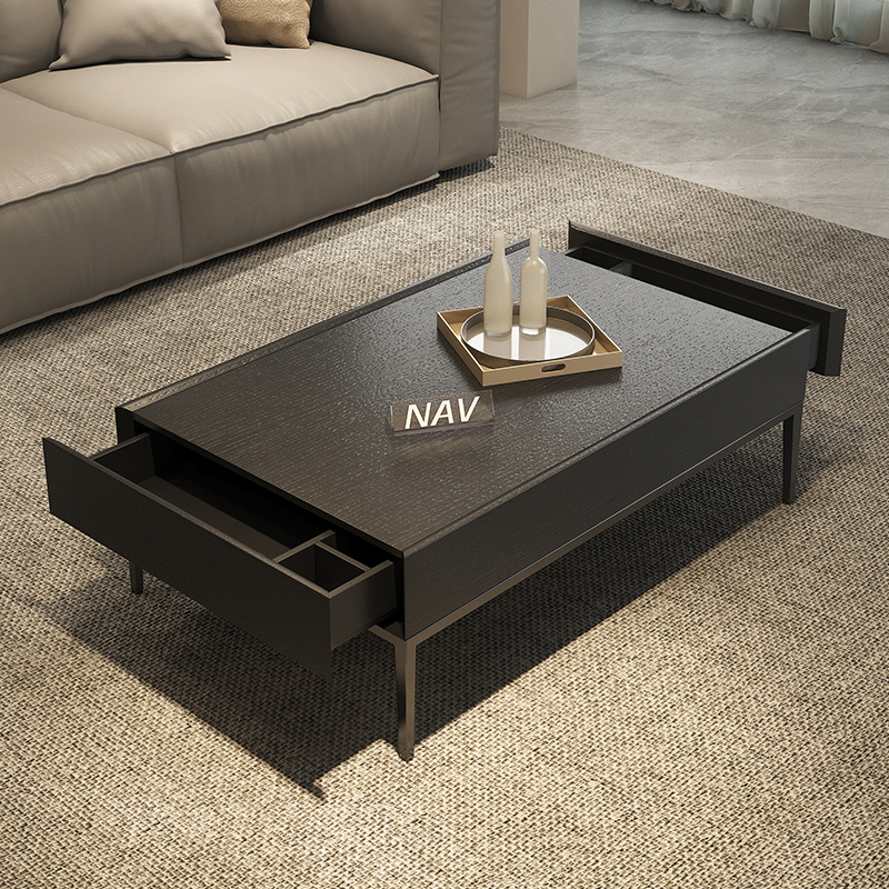 纳威意式极简茶几小户型客厅家用收纳储物黑橡木色长方形茶桌轻奢