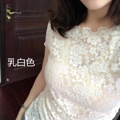 春夏半透打底镂空水溶上衣x蕾丝衫短袖乳白色修身显瘦女装