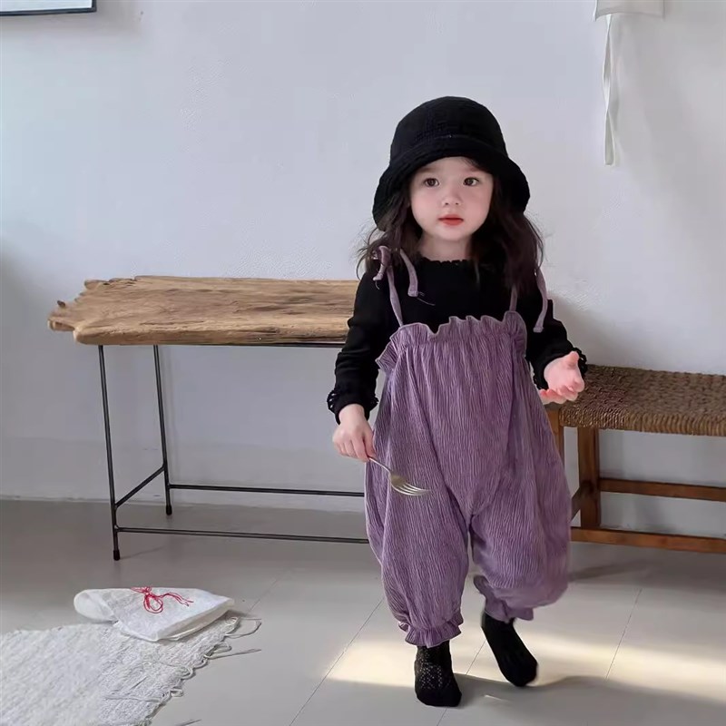 韩版婴儿b秋装紫色包屁连体衣服套装女宝哈衣洋气背带裤针织打底