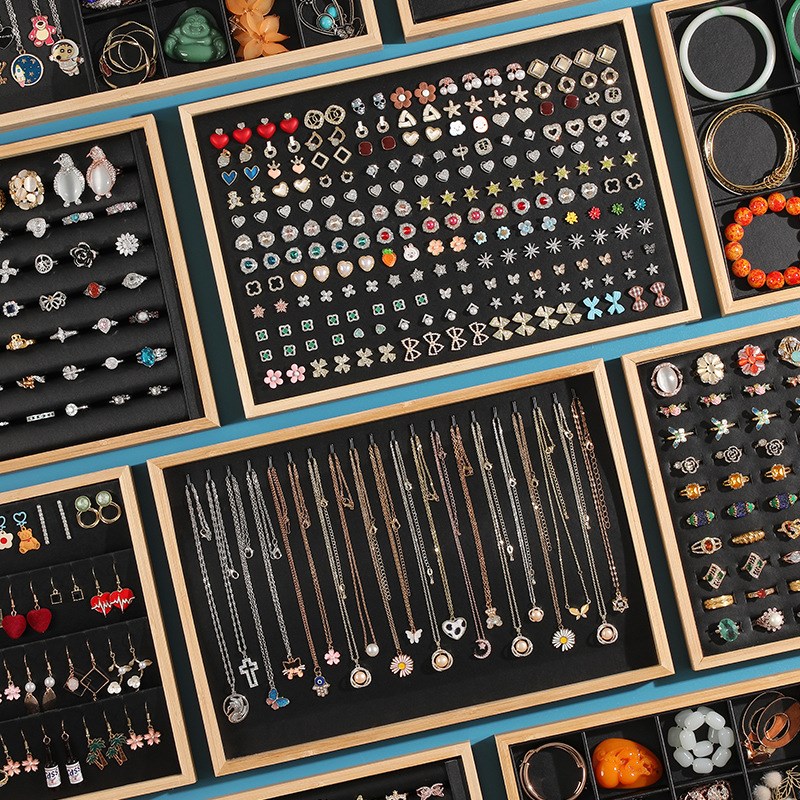 竹木饰品盘黑色首饰托盘戒指耳钉耳环手镯项链手表珠宝收纳展示盘