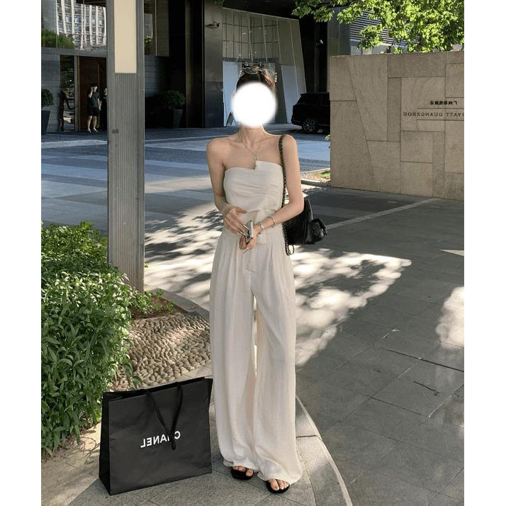 法式性感辣妹不规则褶皱裹胸上衣夏季白色肌理高腰阔腿西裤套装女