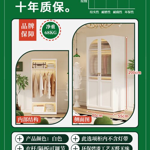 钢制铁皮无甲醛衣柜衣橱小户型卧室家用对开门铁皮柜储物收纳柜子