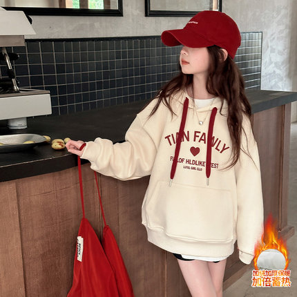 女童加绒卫衣秋冬款2024新款女B大童一体绒加厚连帽上衣儿童冬装