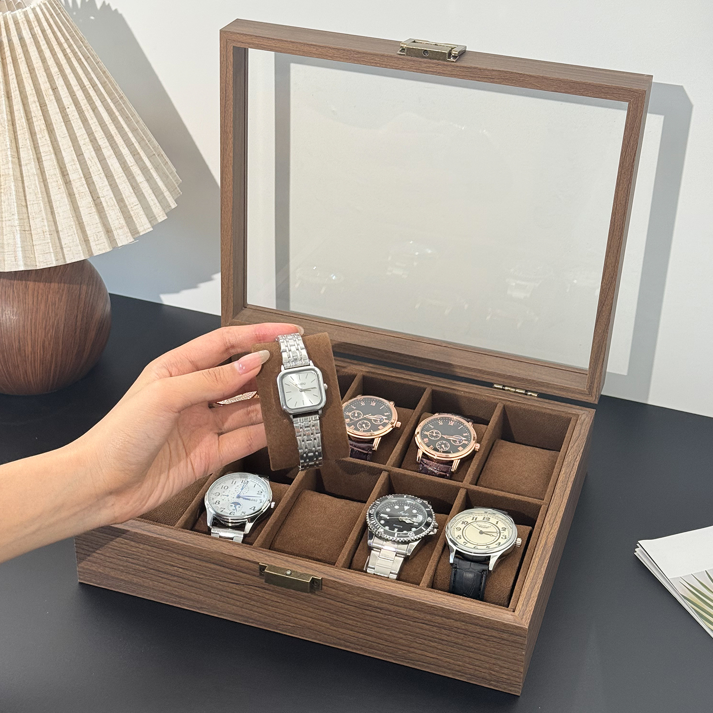 手表收纳盒高档胡桃木纹放腕表机械表手链首饰盒手链腕表收藏盒子