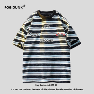 韩版 男女潮牌情侣条纹休闲美式 宽松上衣 DUNK设计感 FOG