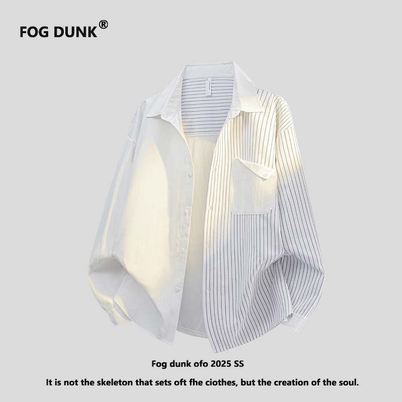 FOG DUNK秋季新款翻领条纹撞色拼接长袖衬衫男女高级感条纹衬衫