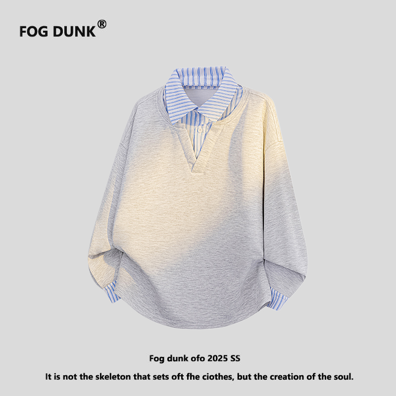 FOG DUNK美式复古假两件拼接翻领卫衣男秋季潮牌宽松情侣休闲上衣