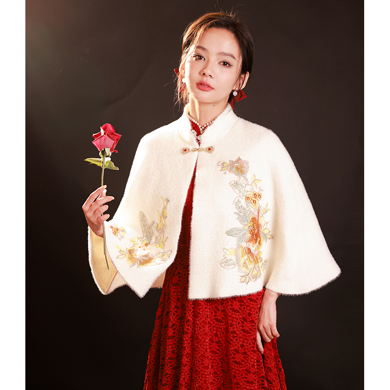 结婚旗袍披肩外搭女秋冬敬酒服新娘立F领绣花有袖伴娘礼服斗篷外