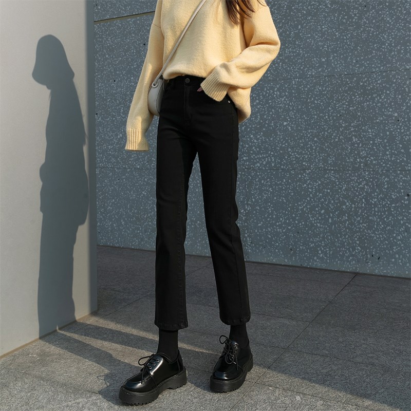 黑色直筒宽d松牛仔裤女2024春秋高腰显瘦八分九分小个子烟管裤子