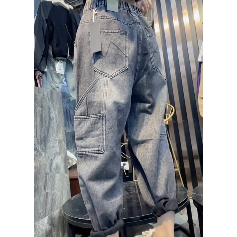 黑灰色破洞哈伦牛仔裤女2024年春夏新款九分N阔腿裤宽松显瘦老爹