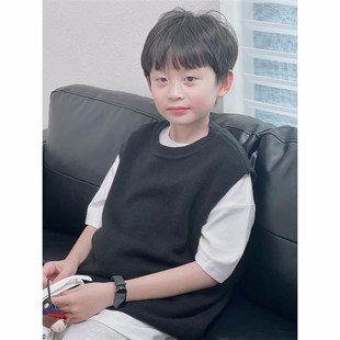 宽松黑色软基础百搭休闲针织V马甲背心春秋 童童妈定制男女童韩版