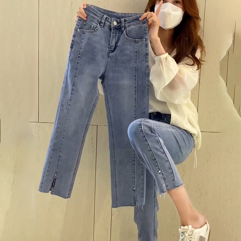 大码女装春季薄款开叉q牛仔裤胖妹妹mm显瘦九分直筒烟管裤子女