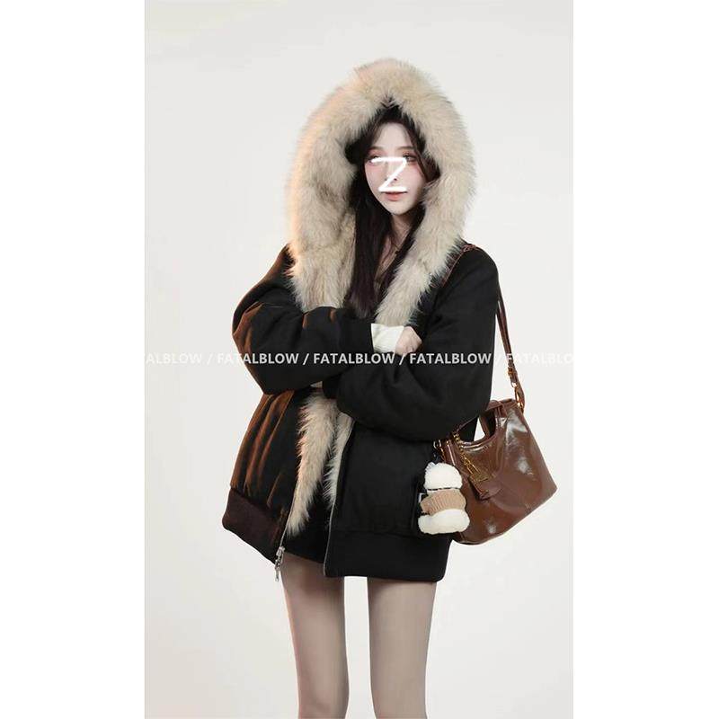 黑色两面穿毛领连帽外套女款秋冬季加绒加厚慵懒宽松拉链棉服上衣