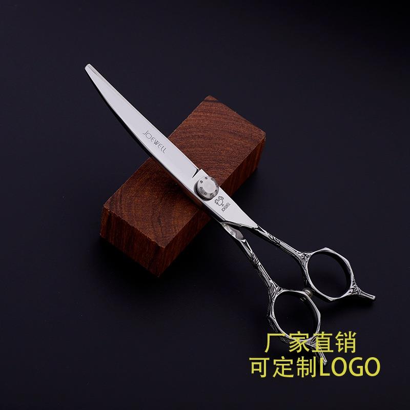厂家供应6寸翘刀雕花款厂家供应双尾翘头剪刀 美发上弯剪刀logo