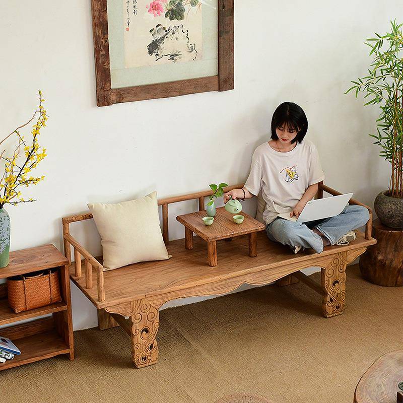 老榆木罗汉床门板雕花风化做旧实木沙发躺椅休闲打坐禅榻长排边椅