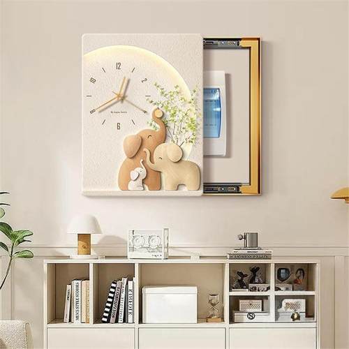 大象电表箱装饰画带钟表配电箱竖款遮挡时钟挂画电闸箱弱电箱壁画