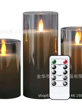 LED金色灰色玻璃杯电子遥控蜡烛圆柱玻璃杯摇摆蜡烛灯仿真跨境