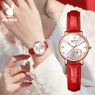 花花公子女士手表红色镶钻气质轻奢防水女款 机械表送女友老婆礼物