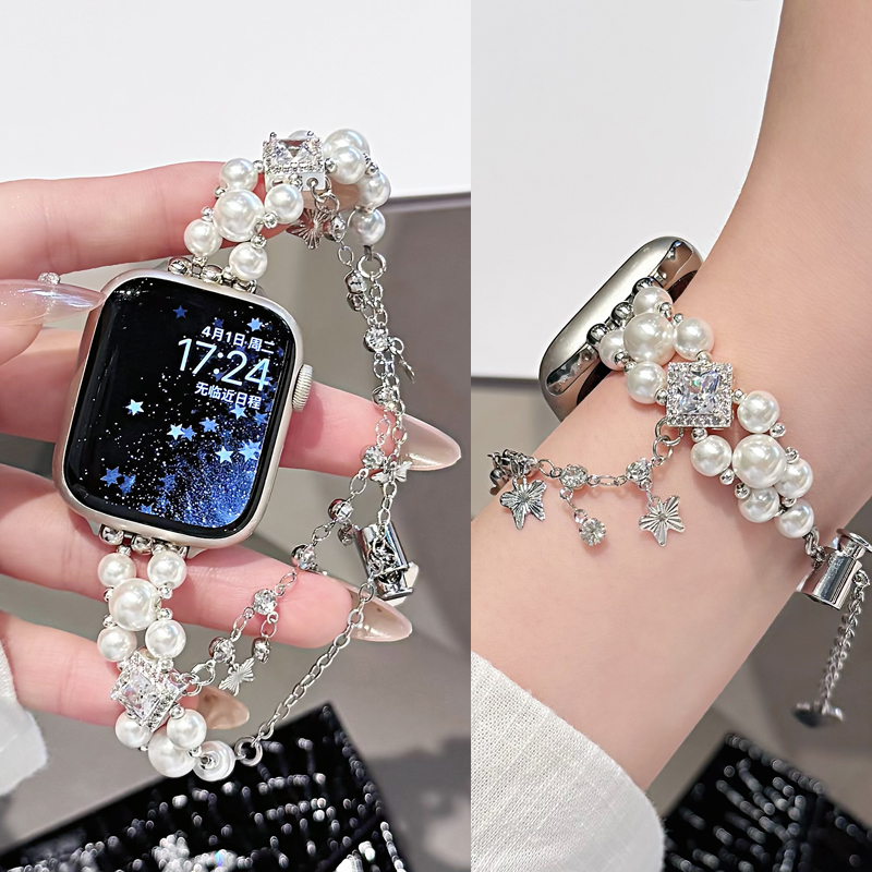 适用苹果iwatch S10手表表带S987654珍珠双链SE带钻表带Ultra时尚创意轻奢女款腕带透气
