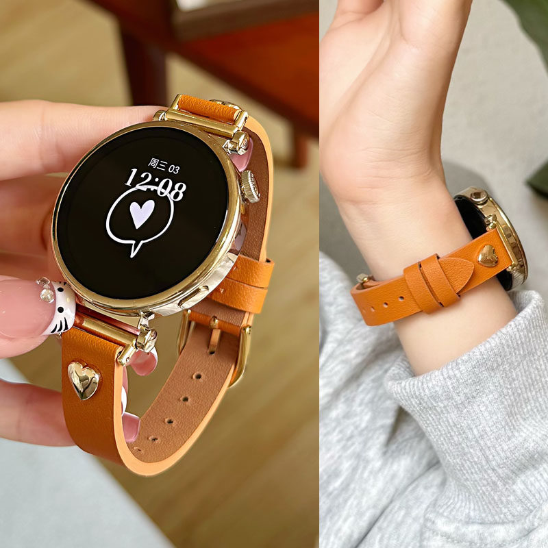 适用华为GT6表带GT5 pro手表GT4/gt5纯色爱心真皮gt3/2女新款腕带watch5/4/3平纹运动荣耀X5 magic2潮款