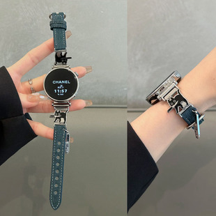 适用三星watch 8手表表带Watch 7 Utra创意小猫牛仔6/5/4/3 classic简约女款真皮表带active透气替换带夏日