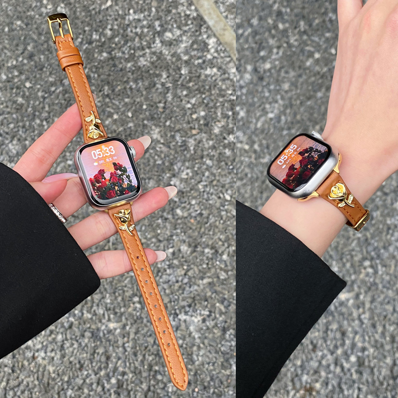 适用苹果iwatch S10真皮表带S987654玫瑰花细款手表表带Ultra时尚创意小众女款腕带透气