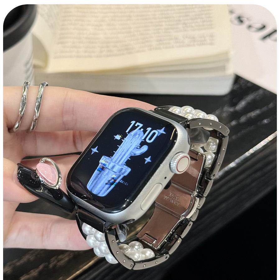 适用苹果S10表带S9手表iwatch S8/7/6/5/4/3带珍珠金属表带Ultra3/2轻奢高级感小众45mm/42替换带